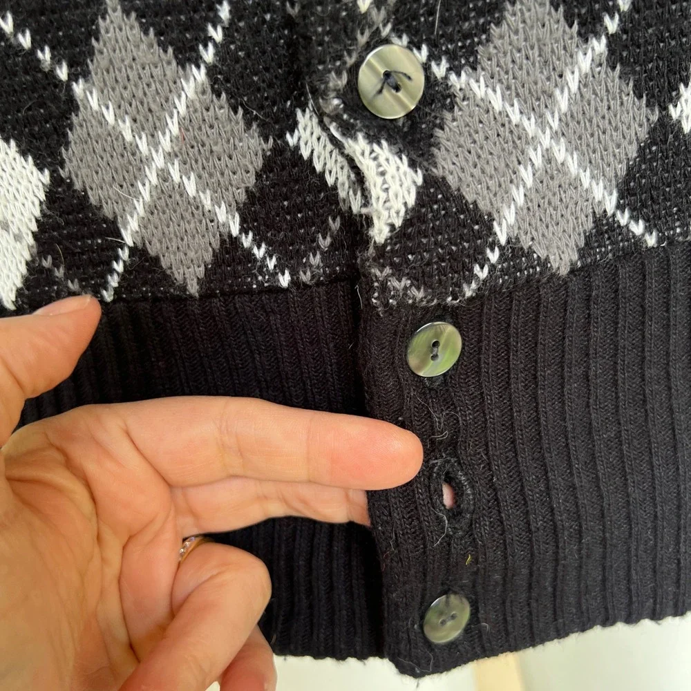 Vintage Don Loper Argyle Cardigan Dagger Collar Black White Gray